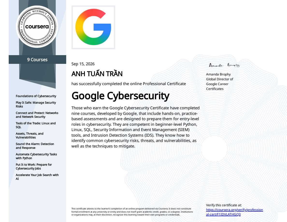 Google Cybersecurity Professional Certificate — ANH TUẤN TRẦN — 15/09/2026